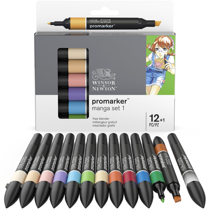 ProMarker 12-setti + blender (Manga setti 1) ryhmässä Kynät / Taiteilijakynät / Maalitussit @ Pen Store (100558)