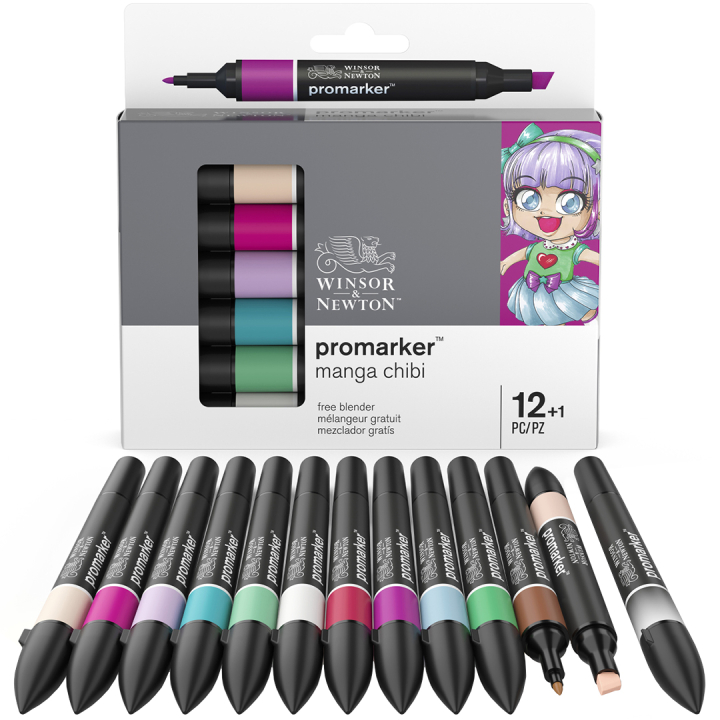 ProMarker 12-setti + blender (Manga Chibi) ryhmässä Kynät / Taiteilijakynät / Maalitussit @ Pen Store (100560)