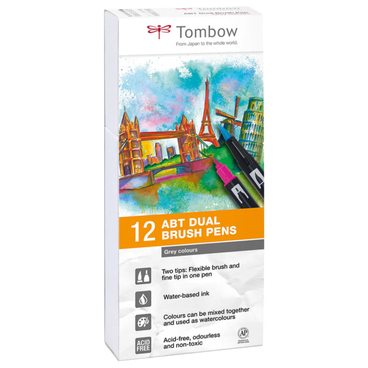ABT Dual Brush Pen 12-setti Harmaa ryhmässä Kynät / Taiteilijakynät / Sivellinkynät @ Pen Store (101093)