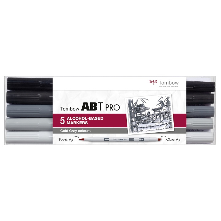 ABT PRO Dual Brush Pen 5-setti Kylmä Harmaa ryhmässä Kynät / Taiteilijakynät / Sivellinkynät @ Pen Store (101259)