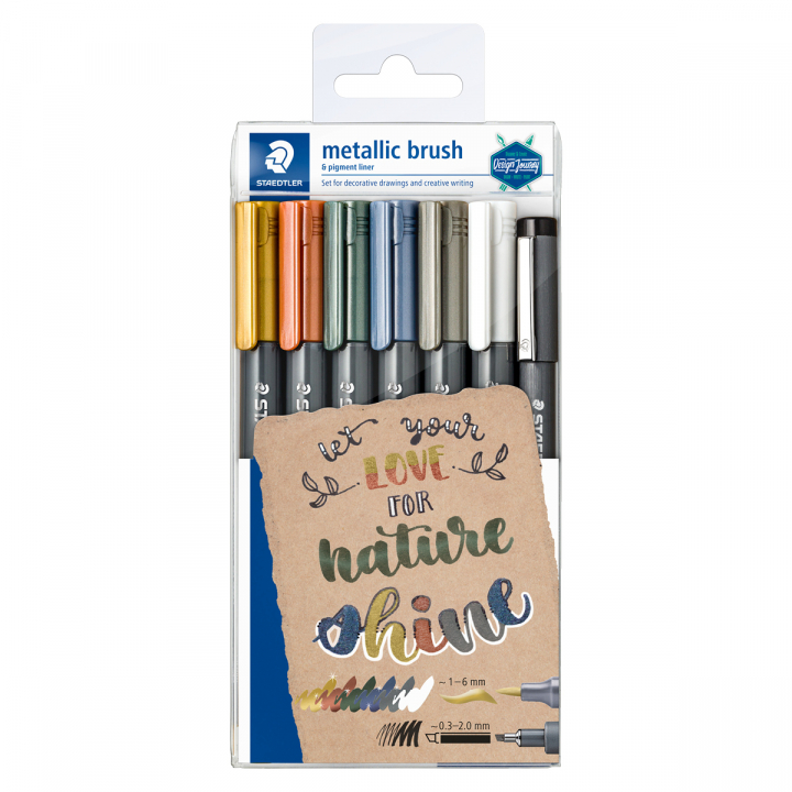Marker Brush Metallic 5-pack + brush + pigment liner ryhmässä Kynät / Taiteilijakynät / Sivellintussit @ Pen Store (126588)