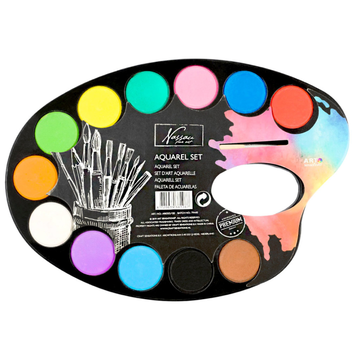 Paint palette Aquarel 12 colours + 1 Sivellin ryhmässä Taiteilijatarvikkeet / Taiteilijavärit / Akvarellivärit / Vesiväri napissa @ Pen Store (128535)