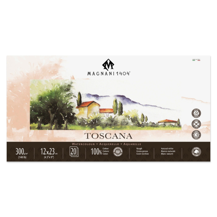 Akvarelliilehtiö Toscana 100% Puuvilla 300g Rough 12x23cm 20 Sheets ryhmässä Paperit ja Lehtiöt / Taiteilijalehtiöt / Akvarellipaperit @ Pen Store (129669)