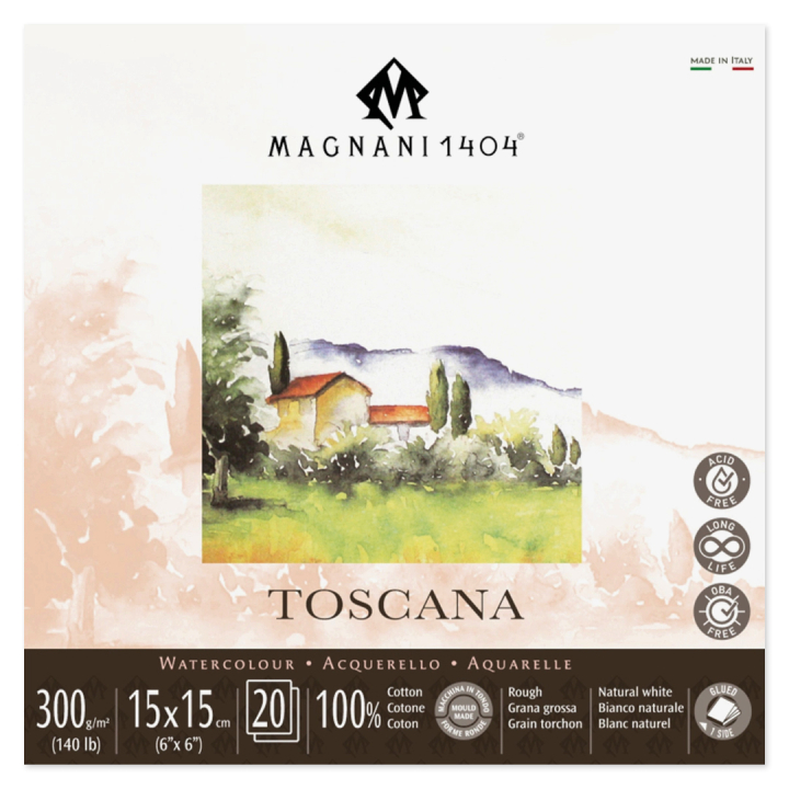 Akvarelliilehtiö Toscana 100% Puuvilla 300g Rough 15x15cm 20 Sheets ryhmässä Paperit ja Lehtiöt / Taiteilijalehtiöt / Akvarellipaperit @ Pen Store (129670)