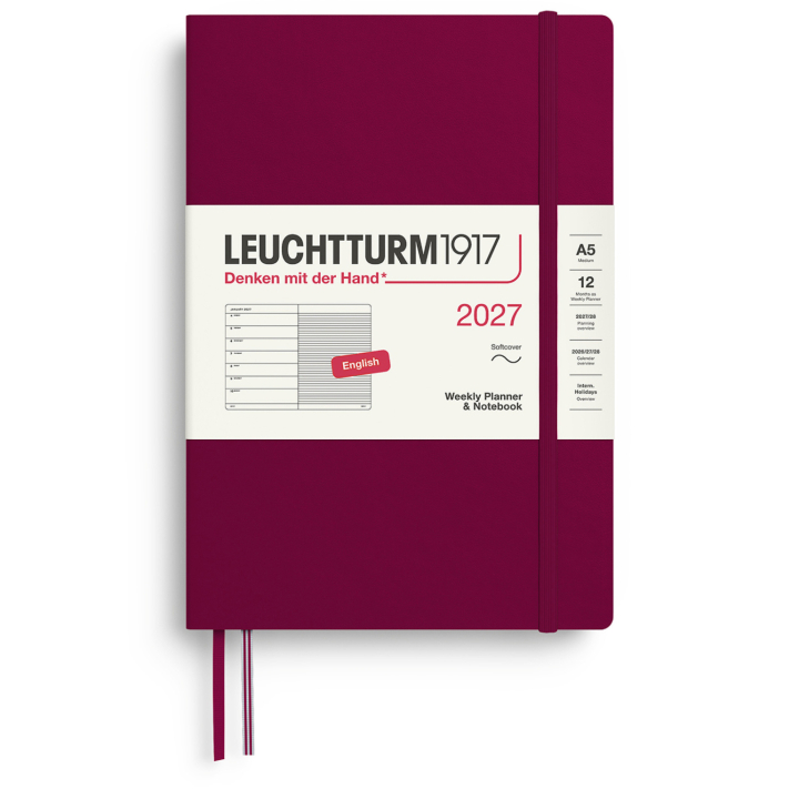 Kalenteri Weekly Planner & Notebook 2027 A5 Soft Cover Port Red ryhmässä Paperit ja Lehtiöt / Kalenterit / 12 kk kalenterit @ Pen Store (137496)