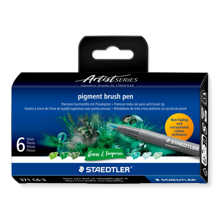 Pigment Arts Brush Pen 6-setti Green/Turquoise ryhmässä Kynät / Taiteilijakynät / Sivellinkynät @ Pen Store (137613)