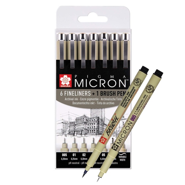Pigma Micron Fineliner 6-setti + 1 Brush Pen