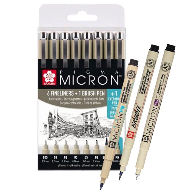 Pigma Micron Fineliner 6-setti + 1 Brush Pen + 1 PN