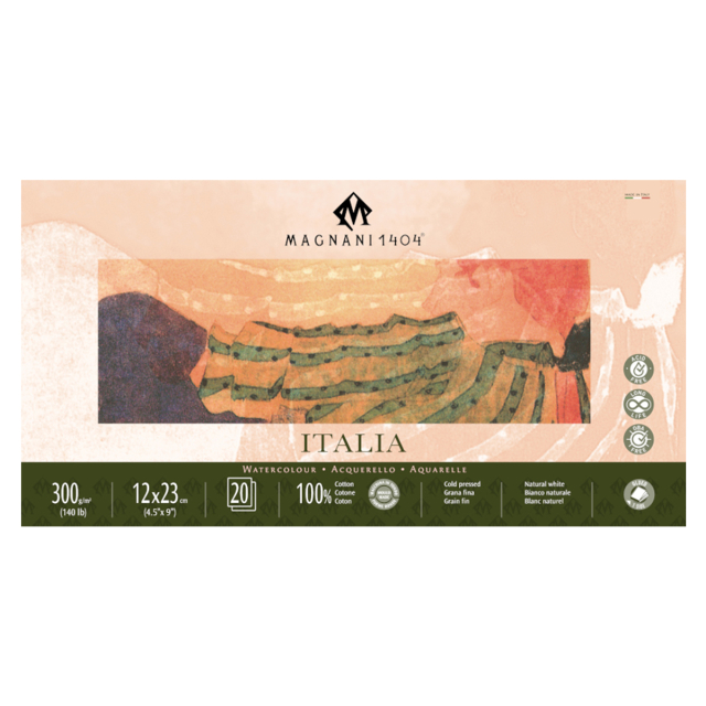 Akvarelliilehtiö Italia 100% Puuvilla 300g Fine Grain 12x23cm 20 Sheets