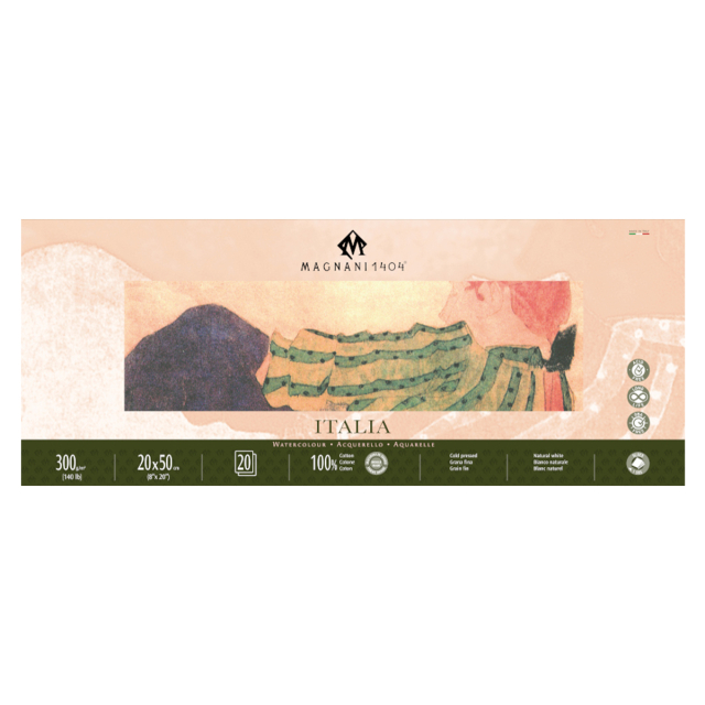 Akvarelliilehtiö Italia 100% Puuvilla 300g Fine Grain 20x50cm 20 Sheets