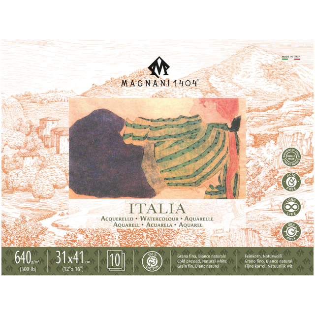 Akvarelliilehtiö Italia 100% Puuvilla 640g Fine Grain 31x41cm 10 Sheets