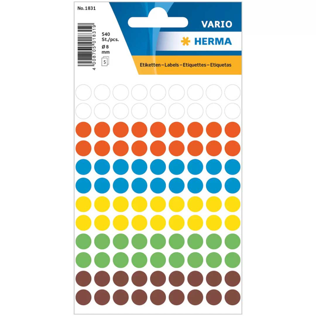 Pyöreät etiketit Ø8mm 540 kpl Colourmix