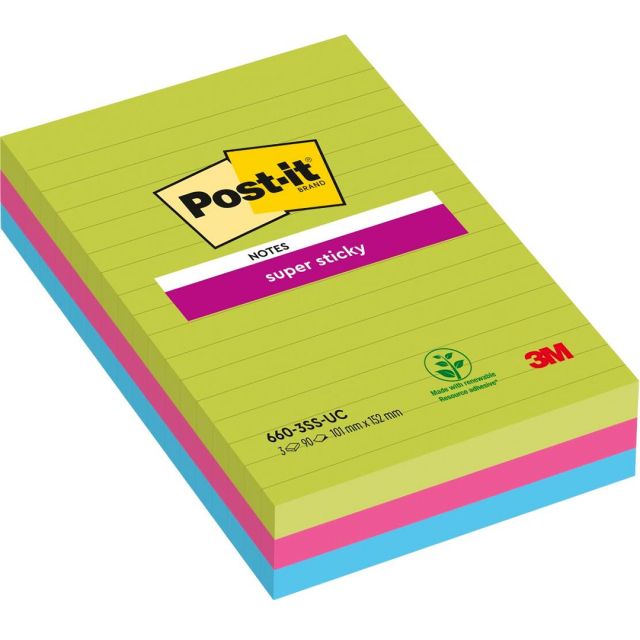 Post-it Super Sticky 101 x 152 mm Värisekoitus Viivoitettu 3-pack
