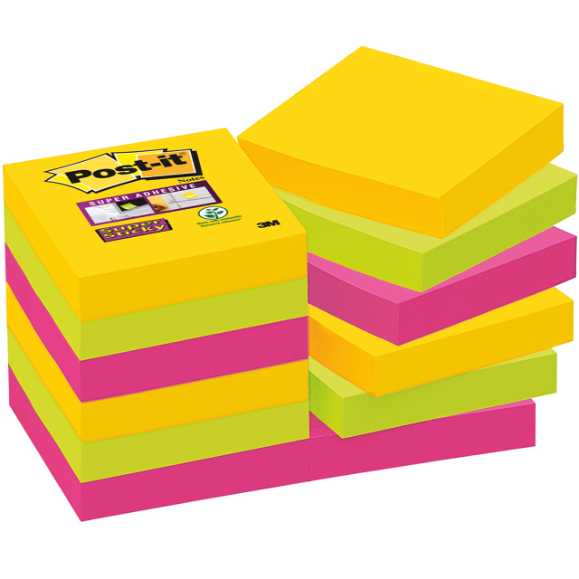 Post-it Super Sticky 47,6x47,6 Värisekoitus Carnival 12-pakkaus