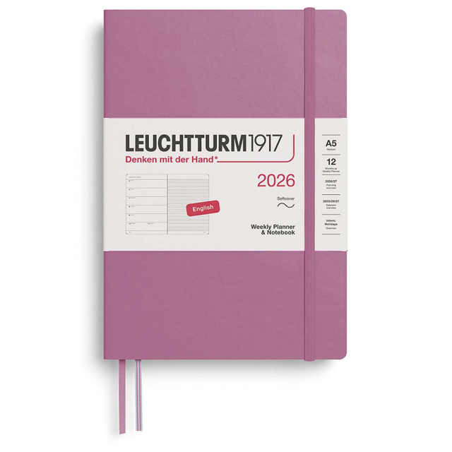 Kalenteri Weekly Planner & Notebook 2026 A5 Soft Cover Dusty Rose