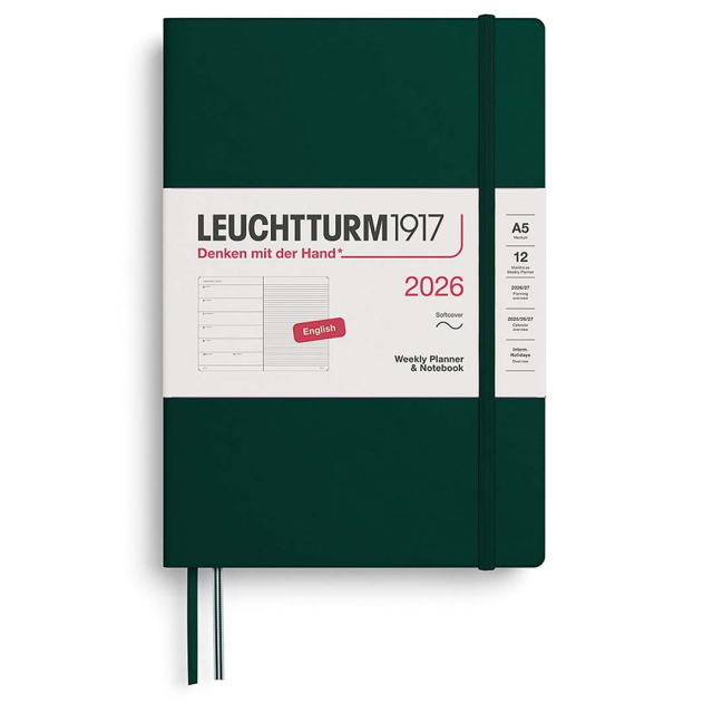 Kalenteri Weekly Planner & Notebook 2026 A5 Soft Cover Forest Green