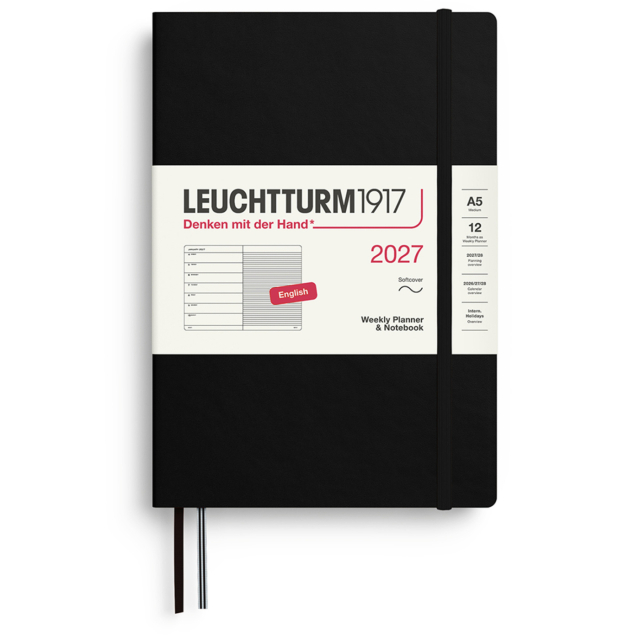Kalenteri Weekly Planner & Notebook 2027 A5 Soft Cover Black