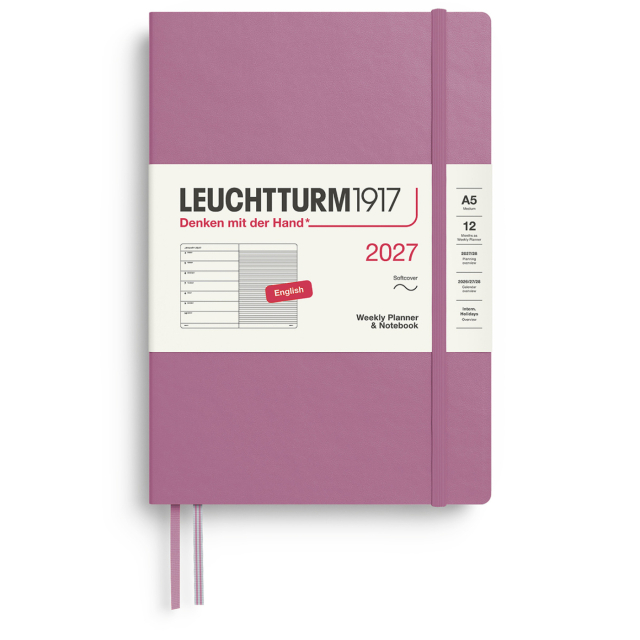 Kalenteri Weekly Planner & Notebook 2027 A5 Soft Cover Dusty Rose