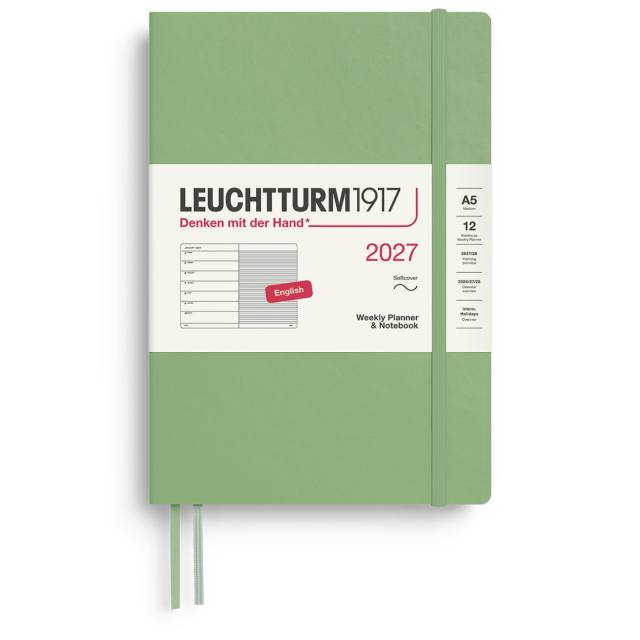 Kalenteri Weekly Planner & Notebook 2027 A5 Soft Cover Sage